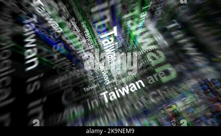 Headline news across international media with Taiwan, Taiwanese economy and politics. Abstract concept of news titles on noise displays. TV glitch eff Stock Photo