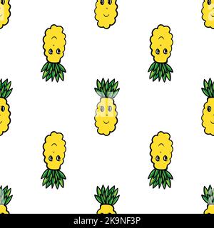 Seamless background with cute pineapples in cartoon style. Decorative fruit texture. Stock Vector