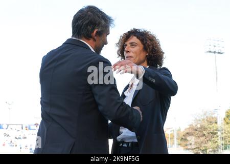 Alessandro Spugna(Coach Roma) and Rita Guarino(Coach Inter) during Inter FC  Internazionale vs AS Roma, Italian football Serie A Women match in Sesto  San Giovanni (MI), Italy, April 15 2023 Stock Photo 