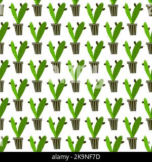 Hand drawn seamless repeat pattern with house plants. Cactuses in floral pots. Decorative background. Botanical style texture. Stock Vector