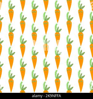 Seamless pattern with the funny carrot vegetables with eyes and smile. Vector illustration in cartoon style. Stock Vector
