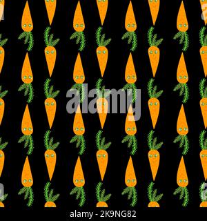Seamless pattern with the funny carrot vegetables with eyes and smile. Vector illustration in cartoon style. Stock Vector