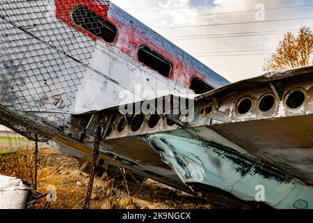 Norway, Illinois, United States - October 23, 2022: Agricultural Crash Monument: Beechcraft 18, a small, two-prop passenger plane, burrowed nose down. Stock Photo