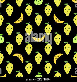 Seamless vector background. Decorative pattern of funny banana and lemon fruits on black. Stock Vector