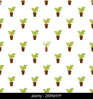 Seamless vector background. Decorative pattern with green cactus house plants in floral pots. Botanical texture. Herbal elements. Stock Vector