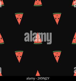 Seamless pattern with the funny watermelon slices with eyes and smile. Vector illustration in cartoon style Stock Vector