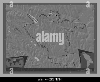 Chisinau, city of Moldova. Bilevel elevation map with lakes and rivers. Locations and names of major cities of the region. Corner auxiliary location m Stock Photo