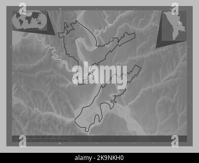 Dubasari, district of Moldova. Grayscale elevation map with lakes and rivers. Corner auxiliary location maps Stock Photo