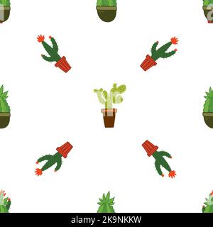 Seamless vector background. Decorative pattern with green cactus house plants in floral pots. Botanical texture. Herbal elements. Stock Vector