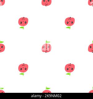 Seamless red apple pattern. Vector background with cute fruits with eyes and smile in cartoon style Stock Vector