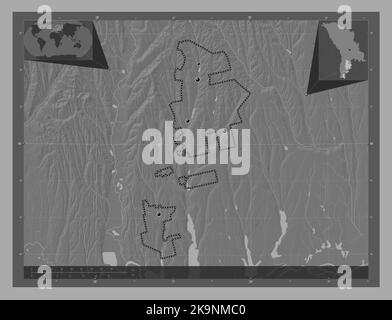 Gagauzia, autonomous territory of Moldova. Bilevel elevation map with lakes and rivers. Locations of major cities of the region. Corner auxiliary loca Stock Photo