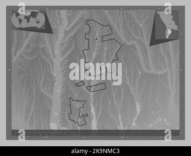 Gagauzia, autonomous territory of Moldova. Grayscale elevation map with lakes and rivers. Corner auxiliary location maps Stock Photo