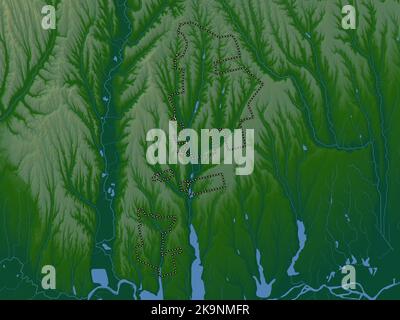 Gagauzia, autonomous territory of Moldova. Colored elevation map with lakes and rivers Stock Photo