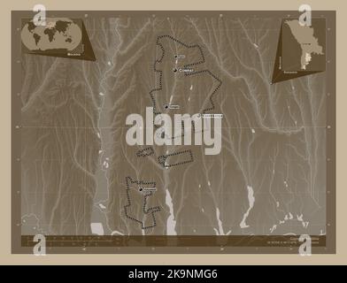 Gagauzia, autonomous territory of Moldova. Elevation map colored in sepia tones with lakes and rivers. Locations and names of major cities of the regi Stock Photo