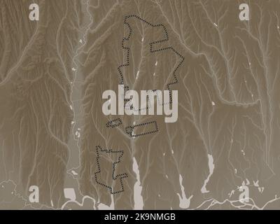 Gagauzia, autonomous territory of Moldova. Elevation map colored in sepia tones with lakes and rivers Stock Photo