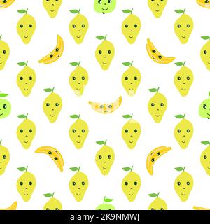 Seamless vector background. Decorative pattern of cute banana and lemon fruits on white. Stock Vector