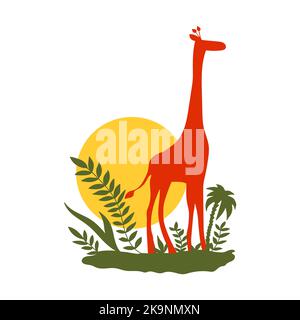 Funny vector illustration of giraffe silhouette with sun and exotic plants. Stock Vector