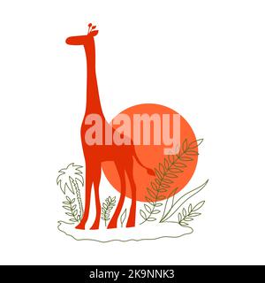 Funny vector illustration of giraffe silhouette with sun and exotic plants. Stock Vector