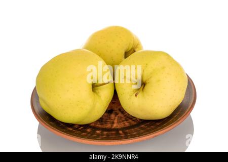 Three ripe yellow apples on a clay plate, macro, isolated on white background. Stock Photo