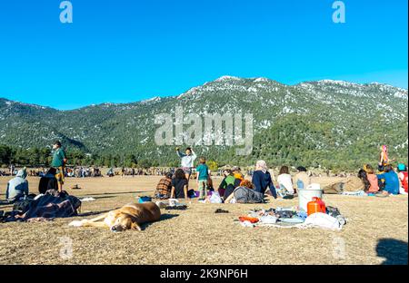 Rainbow world gathering 2022. Antalya, Turkey. Visitors from across the world gather together in circles for rituals. Stock Photo