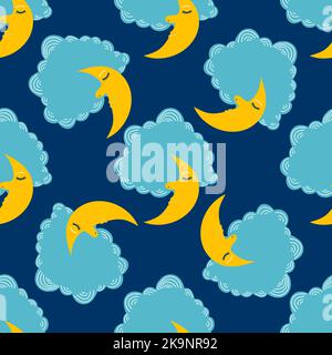 Decorative seamless pattern. Cartoon style hand drawn moon and clouds Stock Vector