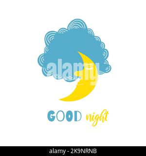 Decorative card with quote Good night. Cartoon style hand drawn moon and clouds. Stock Vector