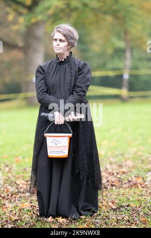 Manchester, UK. 29th Oct, 2022. World record attempt as number of people dressed as ghosts at Platt Fields Park in Manchester. The attempt orgainsed by Paranormal Rescue raised money for the dogs charity Greyhound Gap. The attempt fell short of the world record which organisers blamed on the inclement weather and recent stabbing nearby outside student accomodation at Owens Park student accomodation in Fallowfield. Credit: GaryRobertsphotography/Ģ����ý Live News Stock Photo