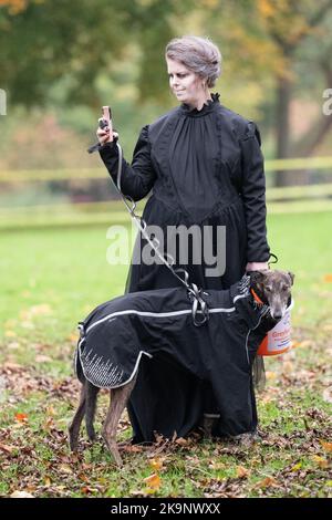 Manchester, UK. 29th Oct, 2022. World record attempt as number of people dressed as ghosts at Platt Fields Park in Manchester. The attempt orgainsed by Paranormal Rescue raised money for the dogs charity Greyhound Gap. The attempt fell short of the world record which organisers blamed on the inclement weather and recent stabbing nearby outside student accomodation at Owens Park student accomodation in Fallowfield. Credit: GaryRobertsphotography/Ģ����ý Live News Stock Photo