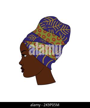 Beautiful african culture woman with traditional turban in watercolor painting texture. Black africa girl face silhouette on isolated background. Stock Vector