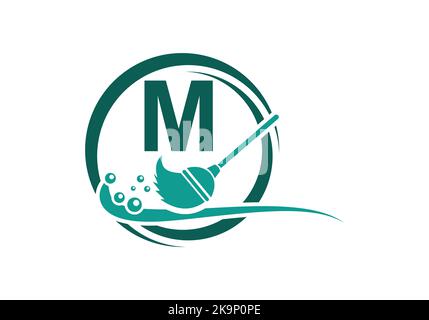 House Cleaning Logo On Letter M With Water Spa And Leaf Concept. Maid Logo, Cleaning Brush Icon, Water Drop Template. Stock Vector