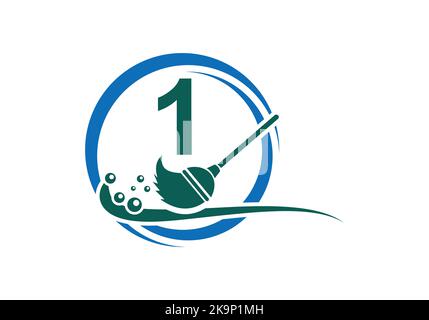 House Cleaning Logo On Letter 1 With Water Spa And Leaf Concept. Maid Logo, Cleaning Brush Icon, Water Drop Template. Stock Vector