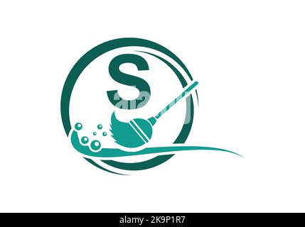 House Cleaning Logo On Letter S With Water Spa And Leaf Concept. Maid Logo, Cleaning Brush Icon, Water Drop Template. Stock Vector