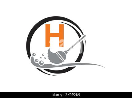 House Cleaning Logo On Letter H With Water Spa And Leaf Concept. Maid Logo, Cleaning Brush Icon, Water Drop Template. Stock Vector