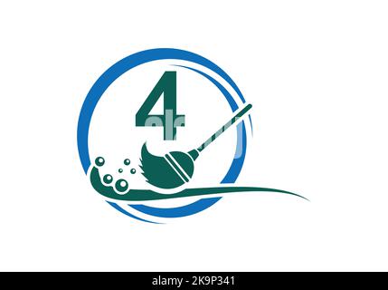 House Cleaning Logo On Letter 4 With Water Spa And Leaf Concept. Maid Logo, Cleaning Brush Icon, Water Drop Template. Stock Vector