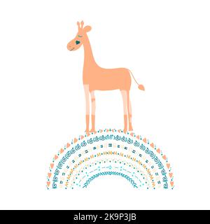 Vector illustration of funny cartoon style giraffe on stylized rainbow Stock Vector