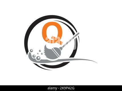 House Cleaning Logo On Letter Q With Water Spa And Leaf Concept. Maid Logo, Cleaning Brush Icon, Water Drop Template. Stock Vector