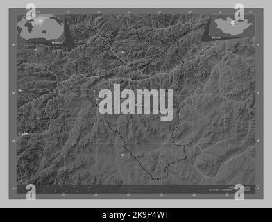 Bulgan, province of Mongolia. Grayscale elevation map with lakes and ...