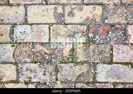 Grunge cracked orange brick wall with moss textured background. Stock Photo