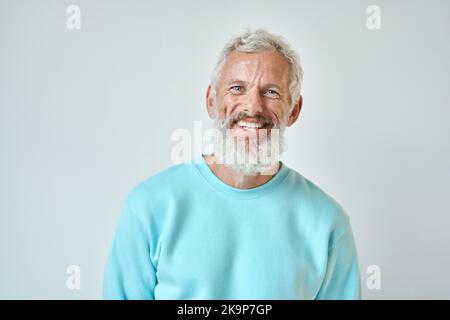 Smiling old bearded man isolated on white background, headshot portrait. Stock Photo