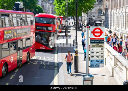 London, United Kingdom - June 22, 2018: Whitehall street with Horse Guards Parade bus stop, row of double-decker buses by cabinet government office Stock Photo