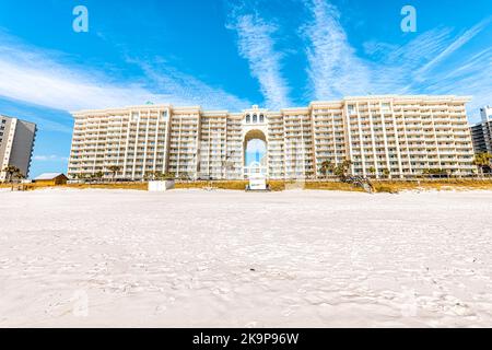 Miramar, USA - January 13, 2021: Beach city near Destin Florida panhandle with Majestic Sun resort hotel building on sand waterfront with people Stock Photo