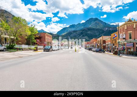 Ouray, USA - August 14, 2019: Small town ski resort mountain village city in Colorado, main street and San Juan mountains, store shops and restaurants Stock Photo