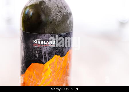 Hollywood, USA - July 19, 2021: Closeup of bottle of Argentina Mendoza Malbec red wine bottle of Kirkland signature Costco private label brand Stock Photo