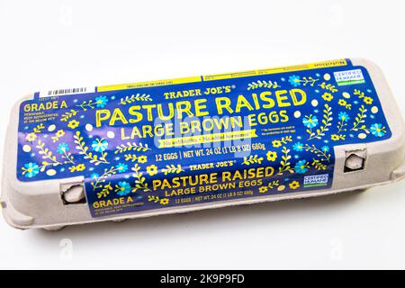 Naples, USA - October 21, 2021: Closeup macro of Trader Joe's private label brand pasture raised farm fresh dozen eggs certified humane label Stock Photo