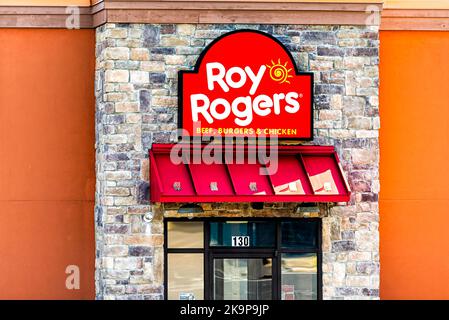 Front Royal, USA - May 27, 2021: Roy Rogers restaurant building store sign serving beef burgers hamburgers, fried chicken and milkshakes in Virginia Stock Photo