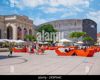 Vienna, Austria - June 2022: View with The inner courtyard of the MuseumsQuartier and mumok - Museum moderner Kunst Stiftung Ludwig Wien Stock Photo