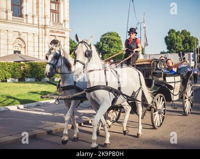 Vienna, Austria - June 2022: Tourists in a horse drawn Carriage Tour . Tourist activity in Vienna Stock Photo