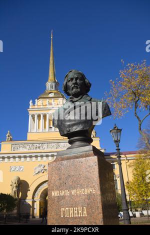 Monument to the great Russian composer Mikhail Glinka against the spire of Admiralty palace in St. Petersburg, Russia Stock Photo