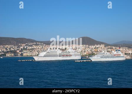 Cruise ships Seven Seas Navigator and Seabourn Spirit moored in the port of Kusadasi, Turkey Stock Photo