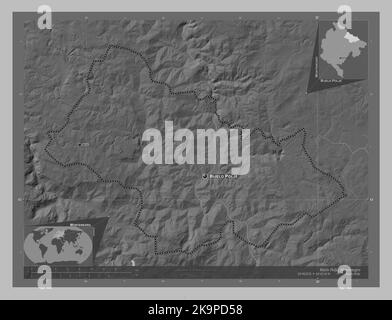 Bijelo Polje, municipality of Montenegro. Grayscale elevation map with lakes and rivers. Locations and names of major cities of the region. Corner aux Stock Photo